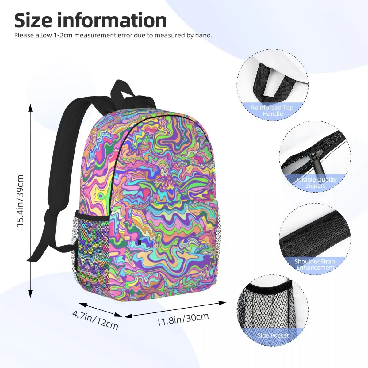 Psychedelic Waves Laptop Backpack Men Women Basic Bookbag for College School Student Pastel Colors Bag