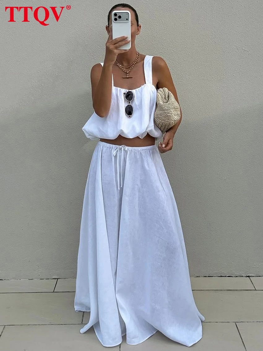 

TTQV Summer Loose White Cotton Skirt Set 2 Piece Woman 2026 Fashion Sleeveless Tank Top With High Waist Maxi Skirt Set Female