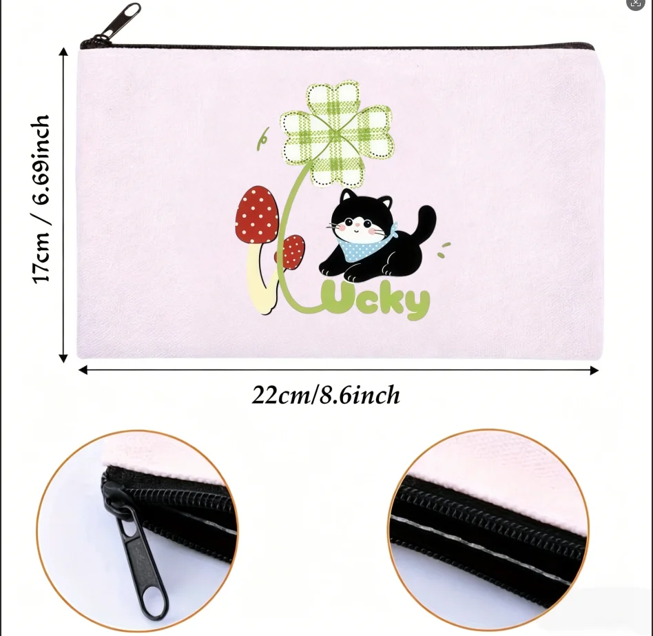 1PC Double-Side Printed Lucky Cat Clover Mushroom Canvas Makeup Storage Zipper Bag