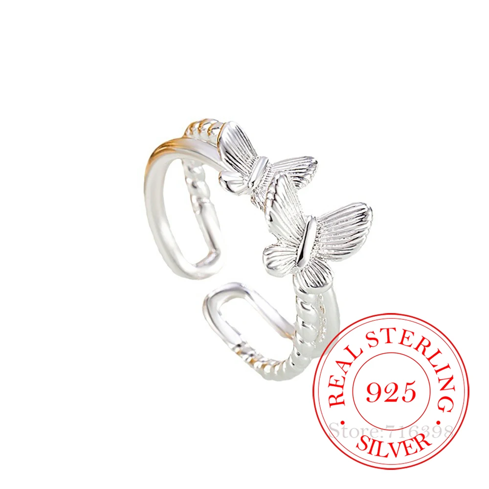 Bagues coréennes en argent Sterling 925 pour femmes, bagues papillon douces réglables, bijoux cadeau de fête de mariage en argent 925