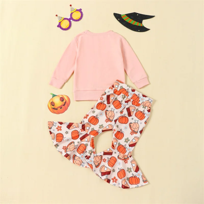 6M-5Y Toddler Girls Thanksgiving 2PCS Pants Sets Pink Long Sleeve Letter Print Sweatshirt Pumpkin Turkey Print Flared Pants Sets