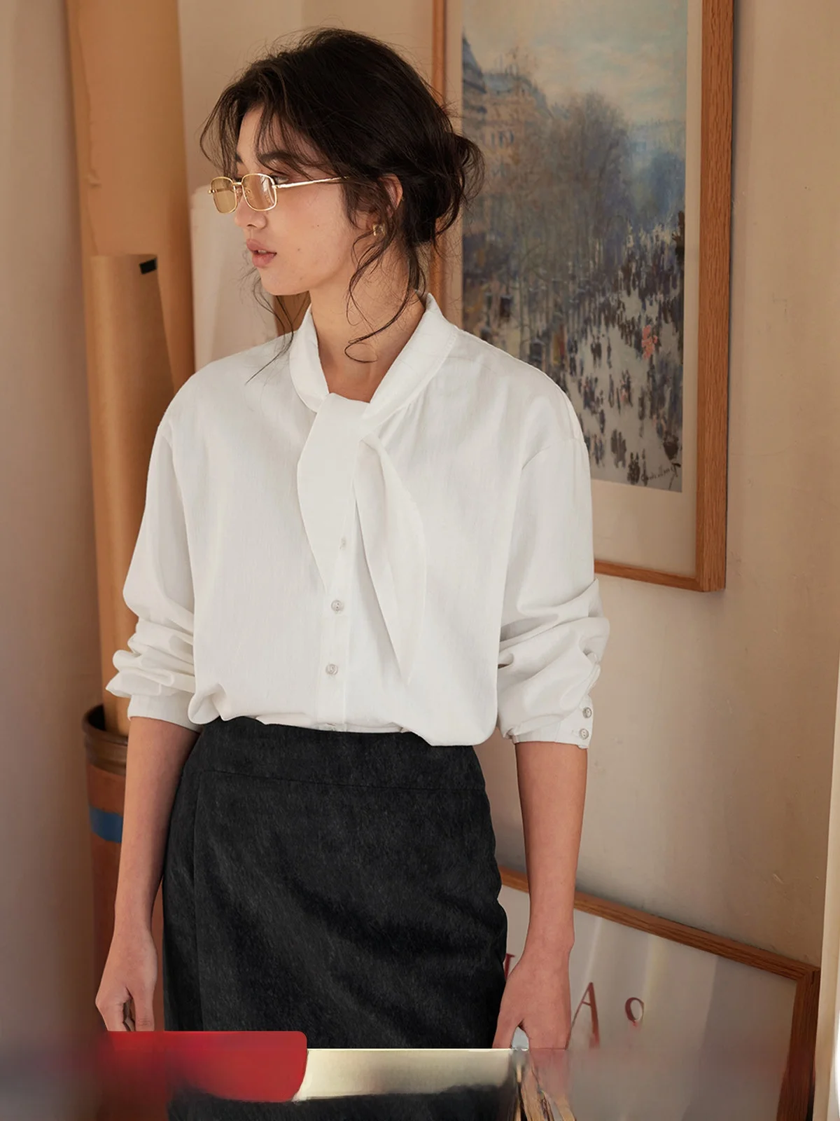 

Solighter Vintage Sash Shirt Women's Loose Long Sleeve Spring 2026 New Style Cotton Commute Fashion Pure Color Button up Top