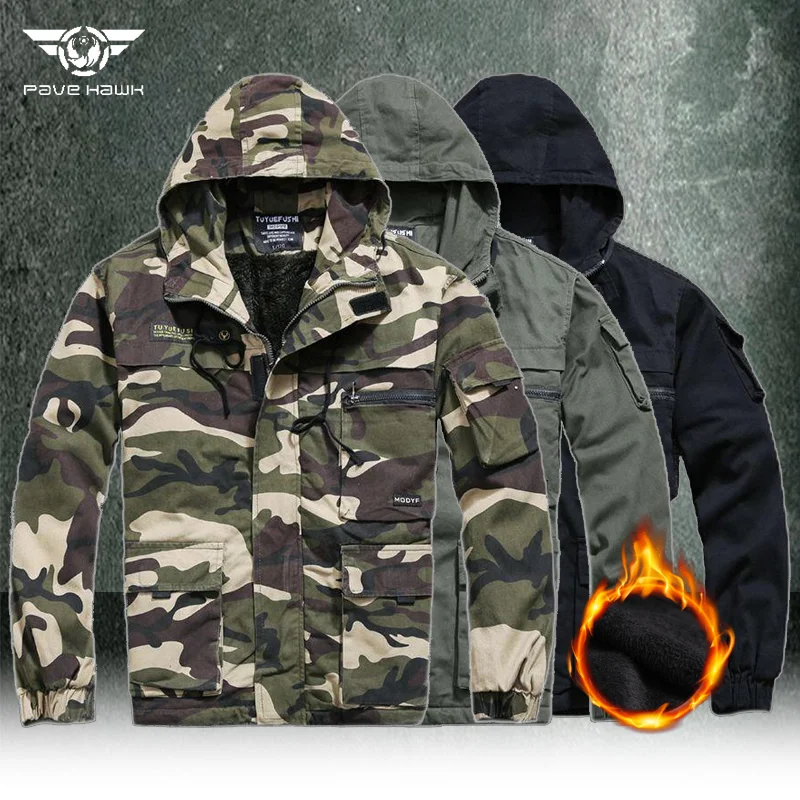 Military Hooded Jackets Men Thickened Wear-resistant Cotton Coats Multi-pocket Windproof Tactics Jackets Winter Work Casual Tops