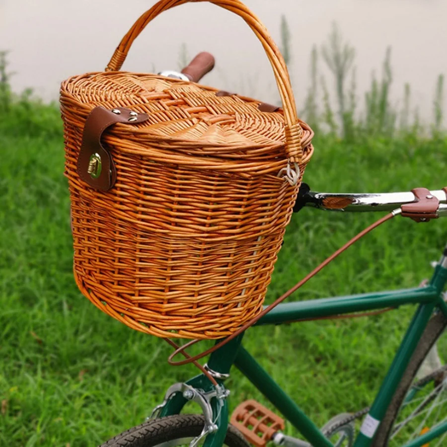 Bicycle Front Basket Wicker Road Bike Basket with Leather Belt Handmade Natural Rattan Bike Storage Basket Cargo