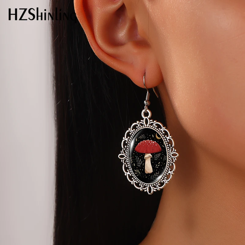 2024 New Moon Mushroom Vintage Dangle Earring Fish Hook Earrings Oval Glass Dome Jewelry Gift Girls