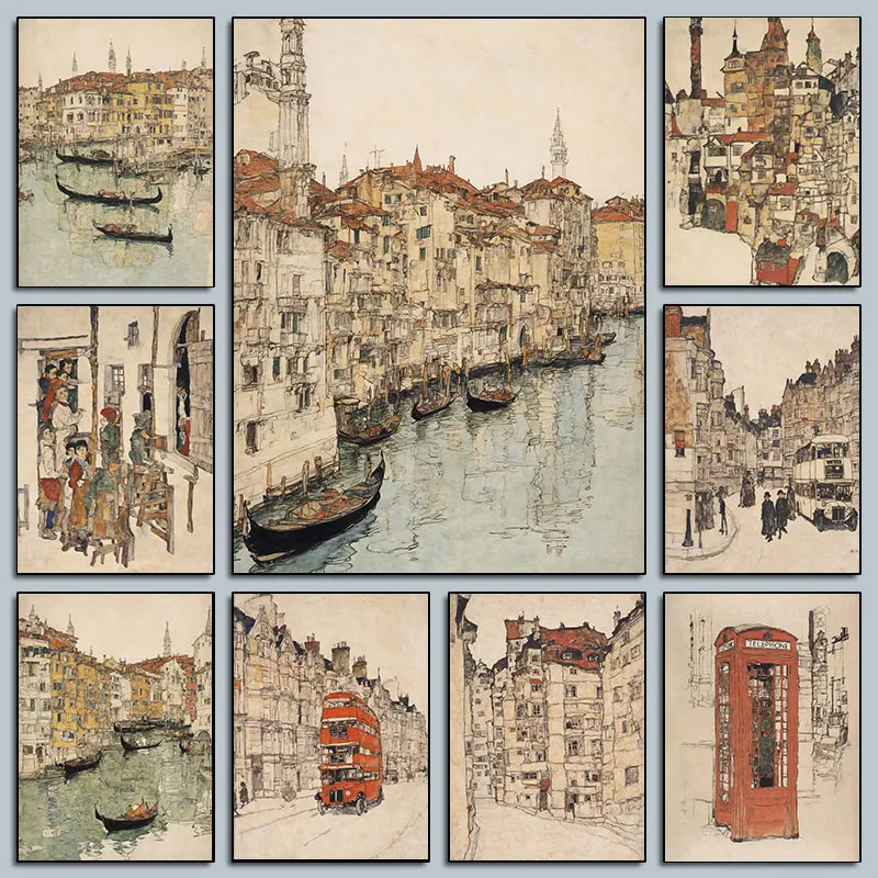 Изысканное искусство, старый сборник рассказов, город, Венеция, Лондон, галерея, плакат, настенное искусство, прибрежный холст, картина, уличная сцена, декор для кофейни, дома