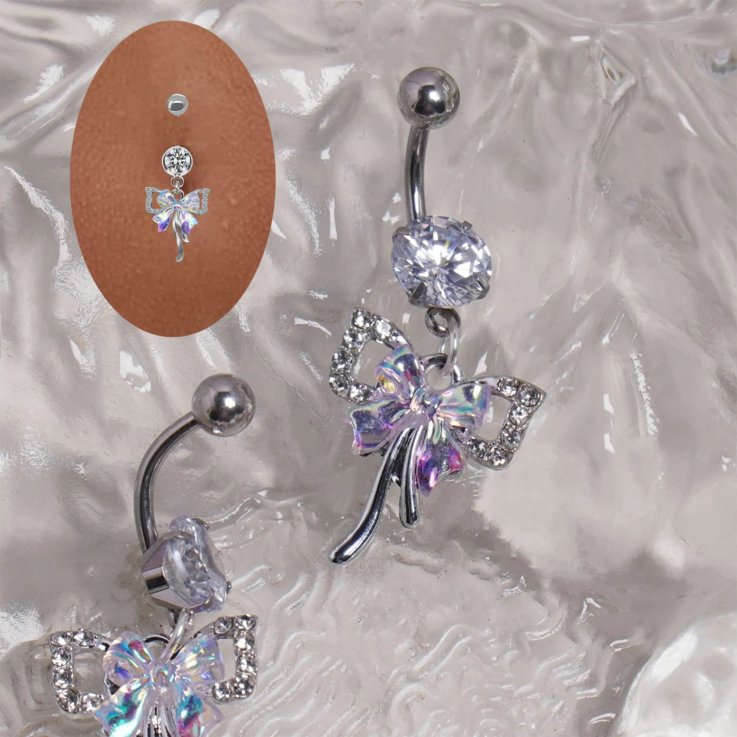 1PC Dangle Belly Button Ring Bow Tie Shape Pendant Inlaid Shiny Rhinestone Navel Ring Barbell Body Pircing Jewelry