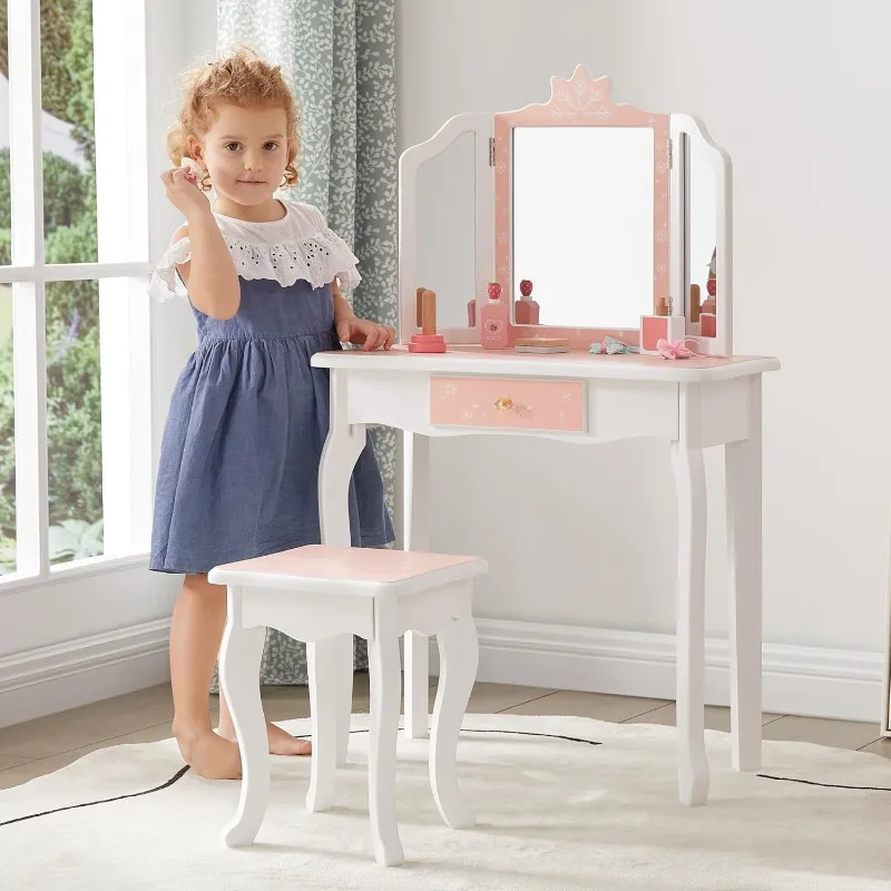 

Kids Vanity Table & Stool Set, Girls Vanity Set with Detachable Tri-Folding Mirror and Drawer, 2 in 1 Dressing Table