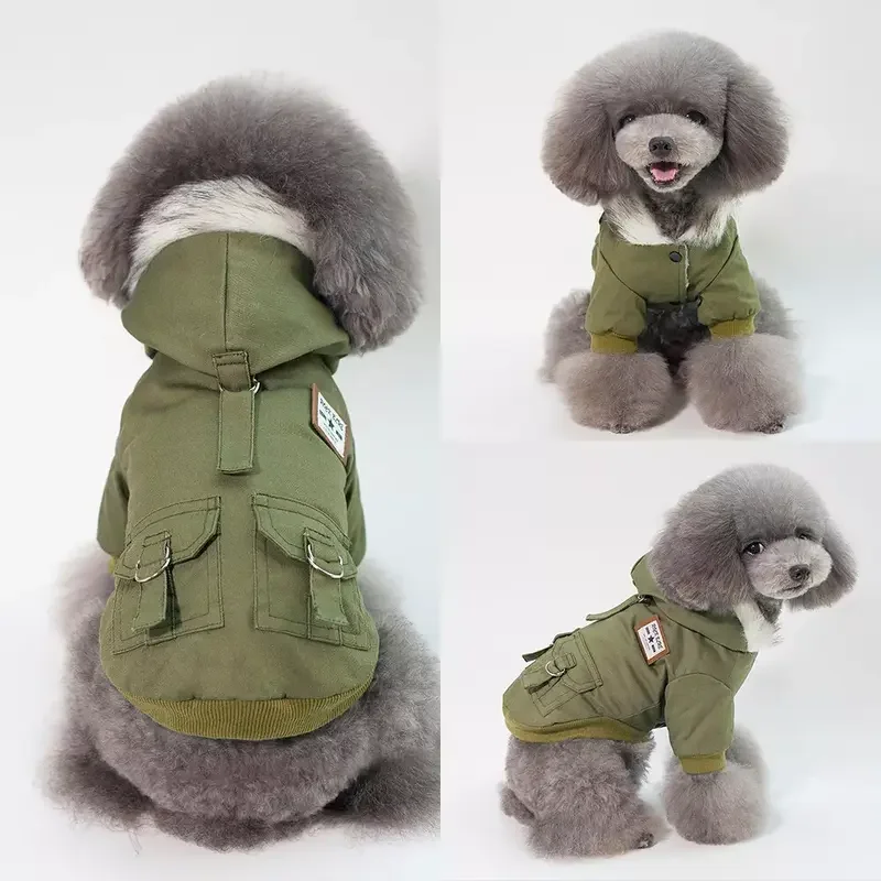 Winter Pet Dog Padded Coat Solid Color Warm Cold-proof Hooded Two-legged Cotton-padded Clothes Small Dog Coat Clothes