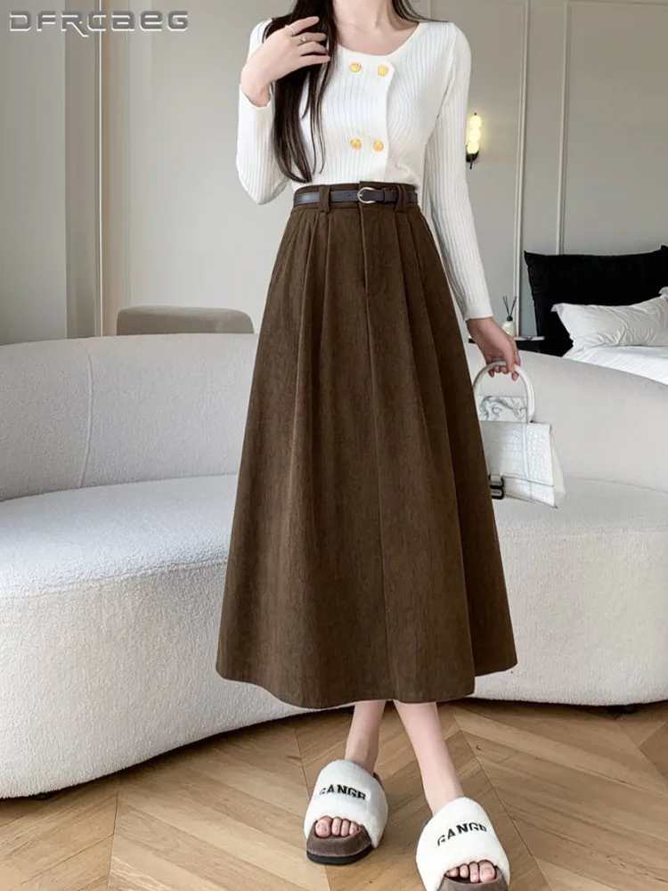 Autumn Winter Vintage Corduroy Midi Skirt With Belt Elegant Fashion Casual Big Swing A-Line Long Skirts Lady