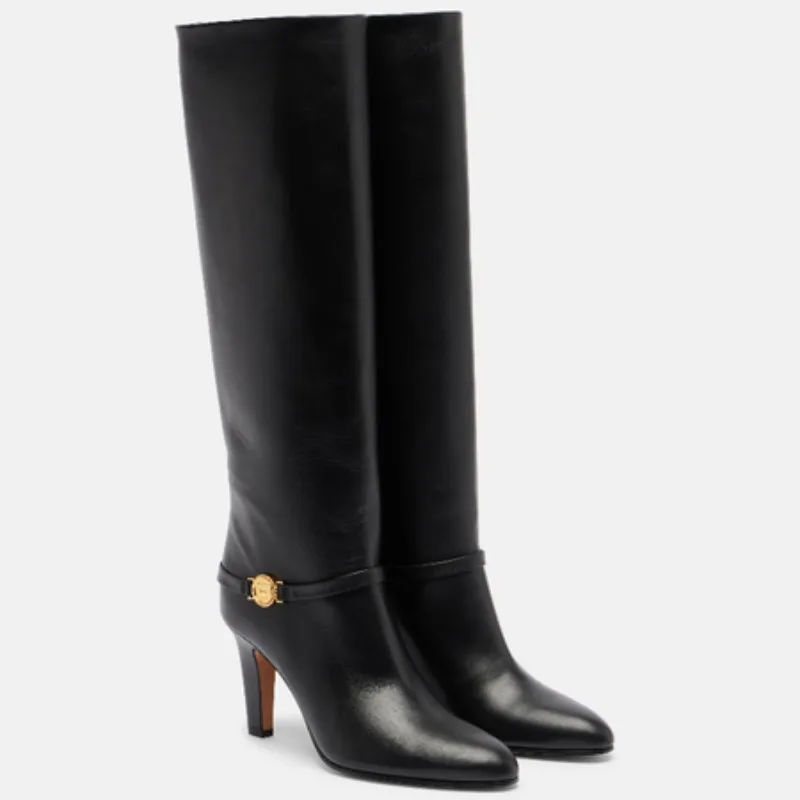 

2025 Autumn and Winter Coarse High Heels Belt Buckle Knee Sleeve Boots European and American Women's Stage Fashion Knight Boots