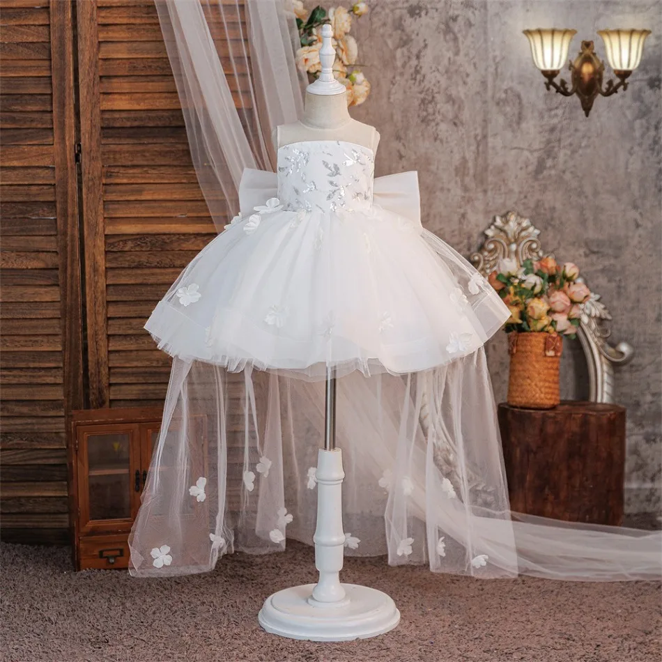 White Strapless Sequin Flower Girl Dress Long Train Tulle Tutu Princess Gown Kids Wedding Baptism Birthday Formal Dress ASQ03
