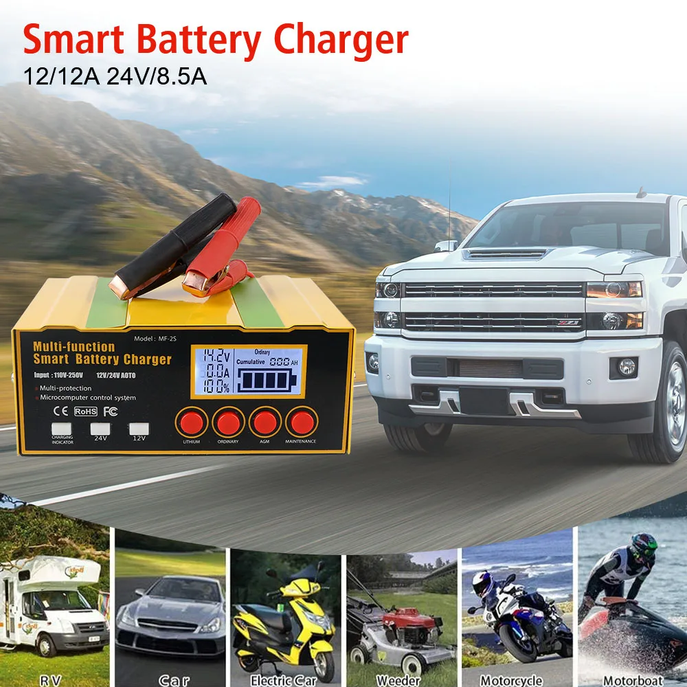 Truck Motorcycle Charger LED Display 12V12A 24V8.5A AGM Car Battery Charger Intelligent 220W Pulse Repair Battery Charger