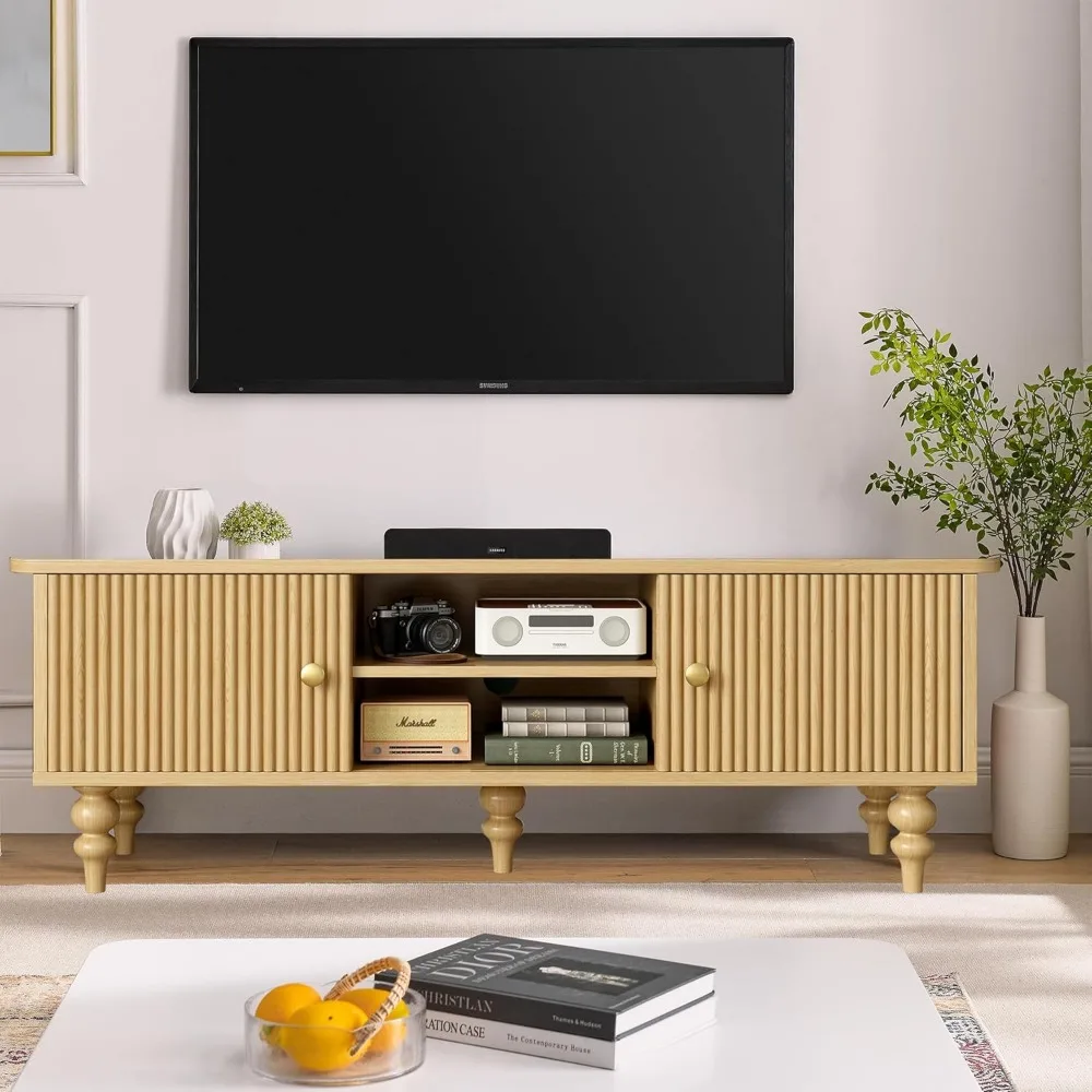 

Modern Wood TV Stand for 55 Inch TV, Retro Media Console with Storage Cabinets & Shelves, Solid Wood Entertainment Center with F