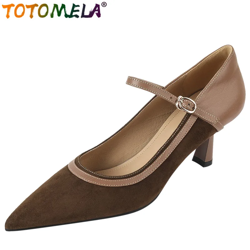 

TOTOMELA 2024 New Mixed Colors Kid Suede Leather Pumps Retro Buckle Women's Dress Shoes Pointed Toe Thin High Heels Shoes