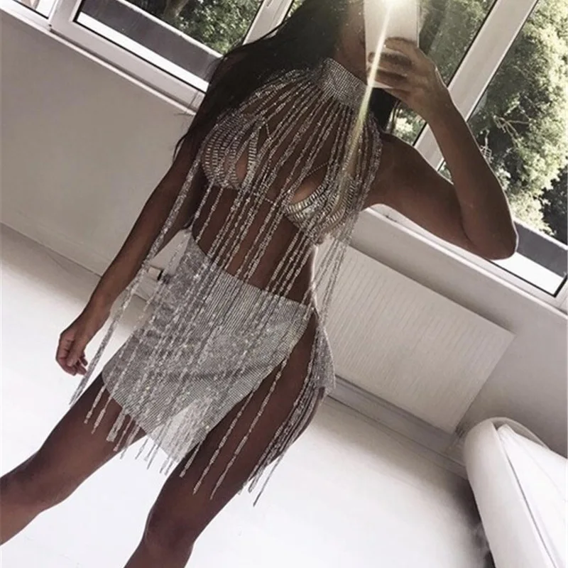 

Luxury Design Bling Rhinestone Collar Necklace Bra Chain Tops Jewelry Women Silver Gold Long Tassel Crop Tops Body Chain Jewelry