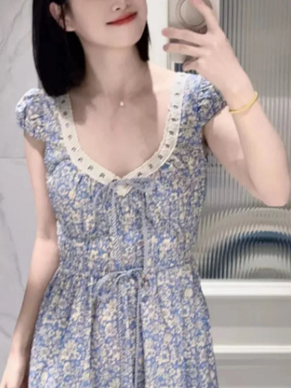 

Quali Summer Floral Print Elastic Waist U-Ne Long Dr Women's Sle High Waist A-Line Cotton Commute Season Spring