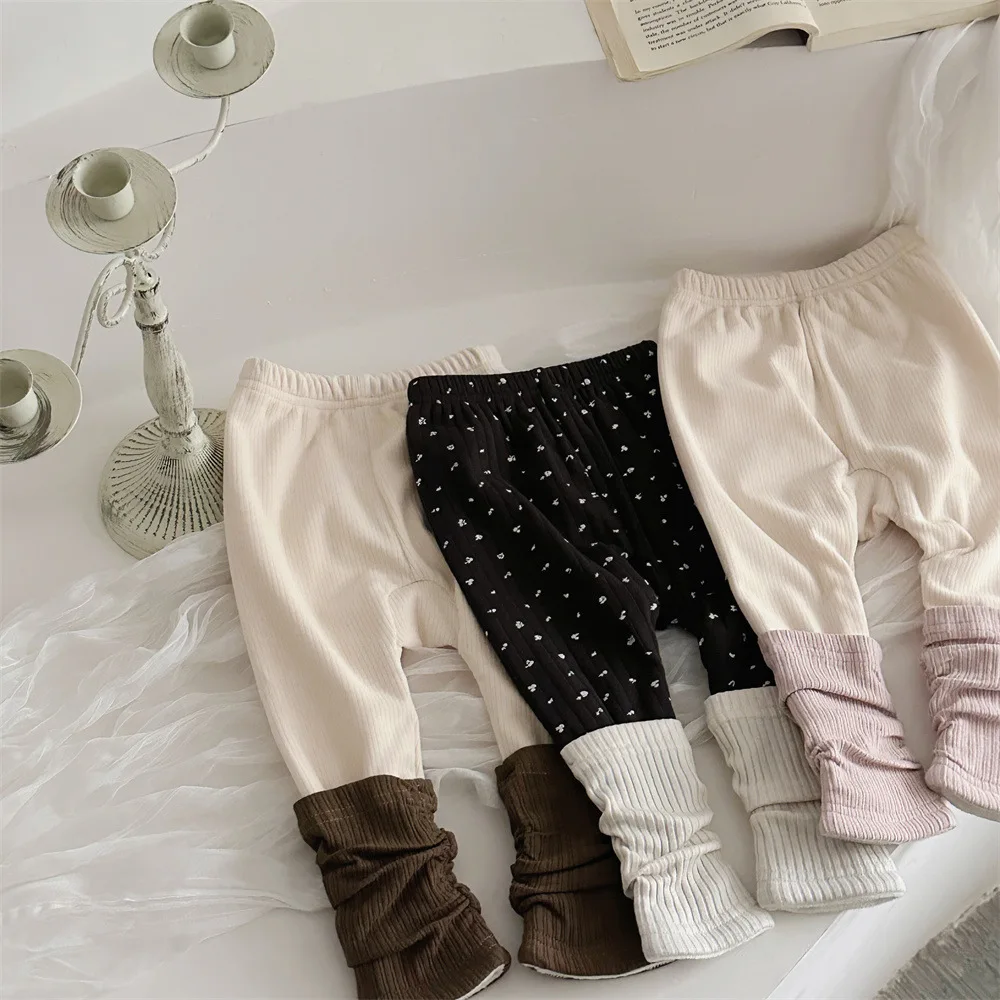 2025 Winter New Baby Girls Fleece Splicing Leggings Cotton Girls Plus Velvet Thick Warm Pants Infant Toddler Fleece Trousers