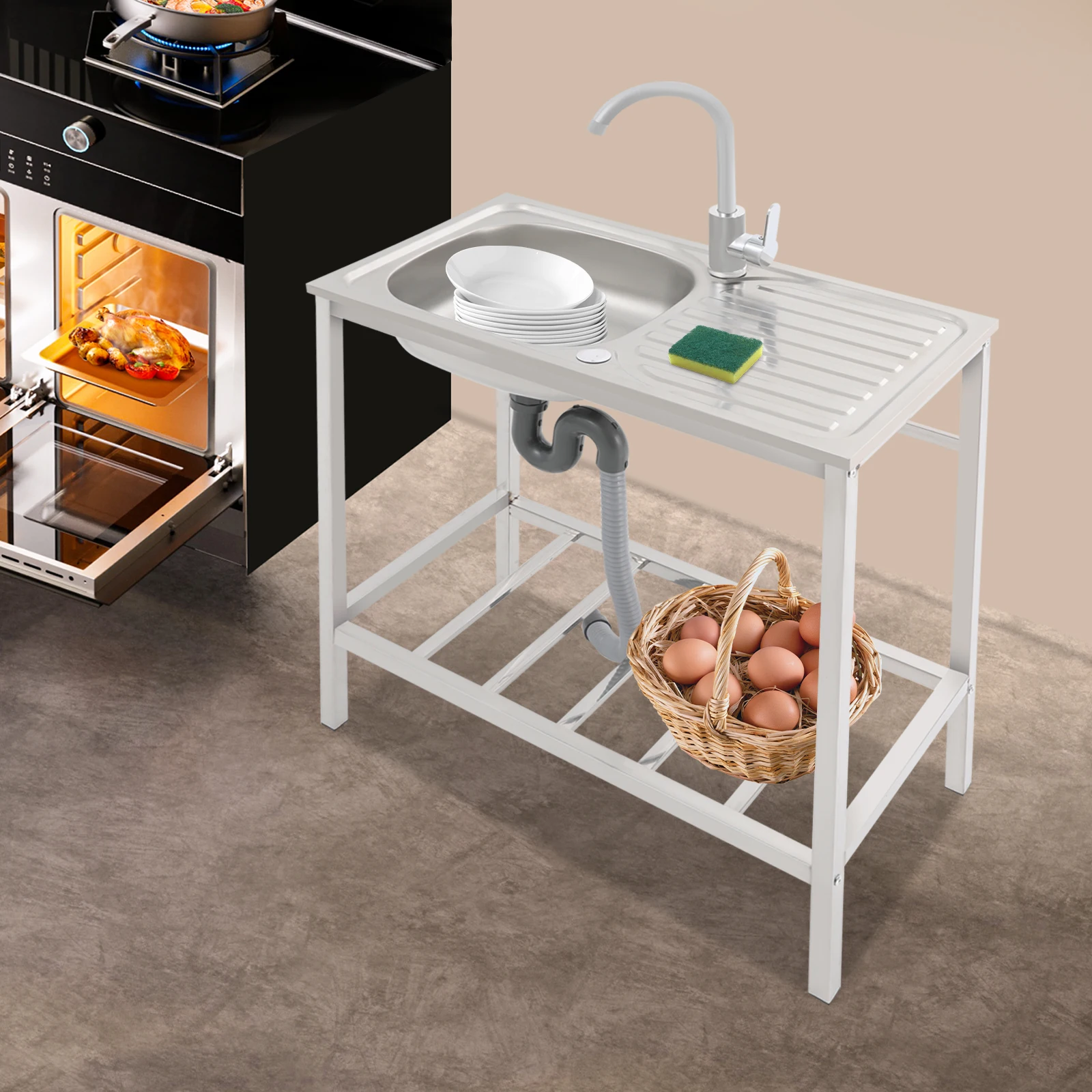 75*40*75cm Commercial Sink with Operation Countertop and Shelf, Kitchen Single Bowl Sink, Free Standing Sink with 360 Faucet