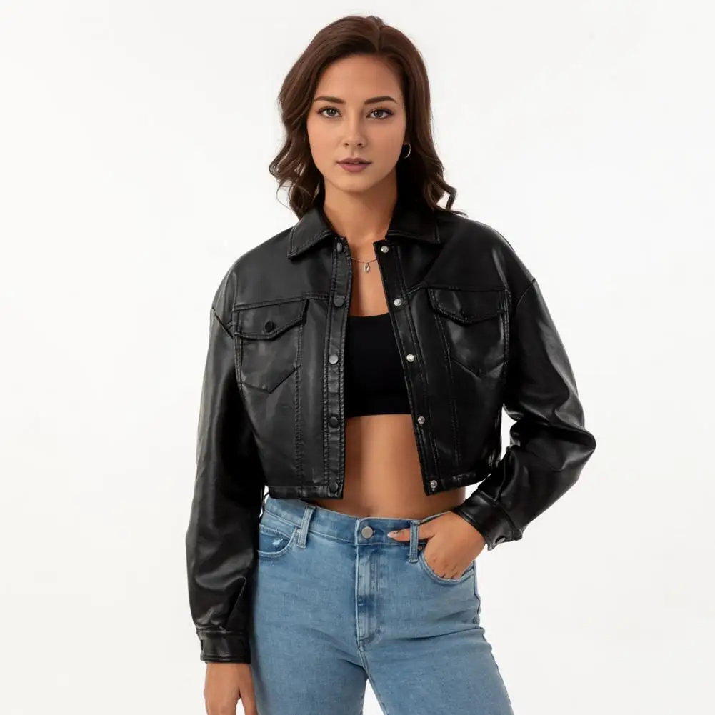 Women Slim-fit Jacket Stylish Women's Windproof Faux Leather Motorcycle Coat with Slim Fit Design Chest Pocket for Bikers