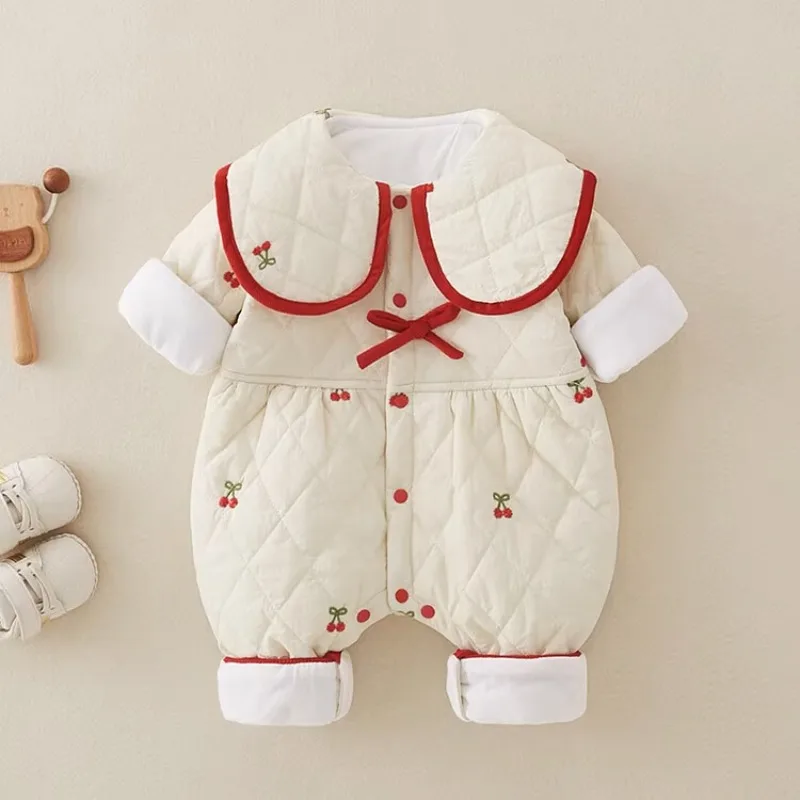 

1-18 Months Baby Girl Autumn/Winter Thickening Jumpsuit Cute Lapel Cherry Pattern Baby Girl Bodysuit Newborn Baby Clothes Set