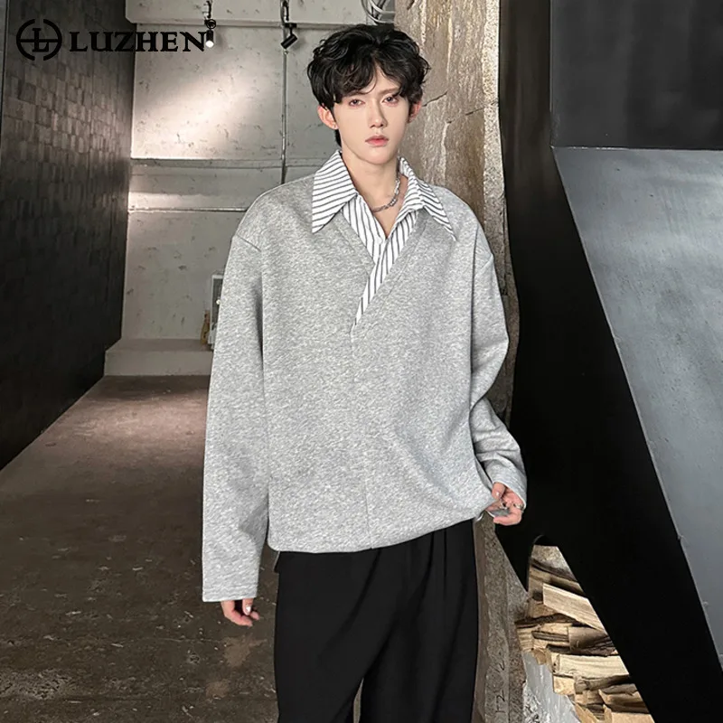 

LUZHEN 2025 Autumn New Fake Two Piece Stripe Printed Cross Collar Long Sleeve Shirts Pullover Men's Fashion Casual Tops JY4180