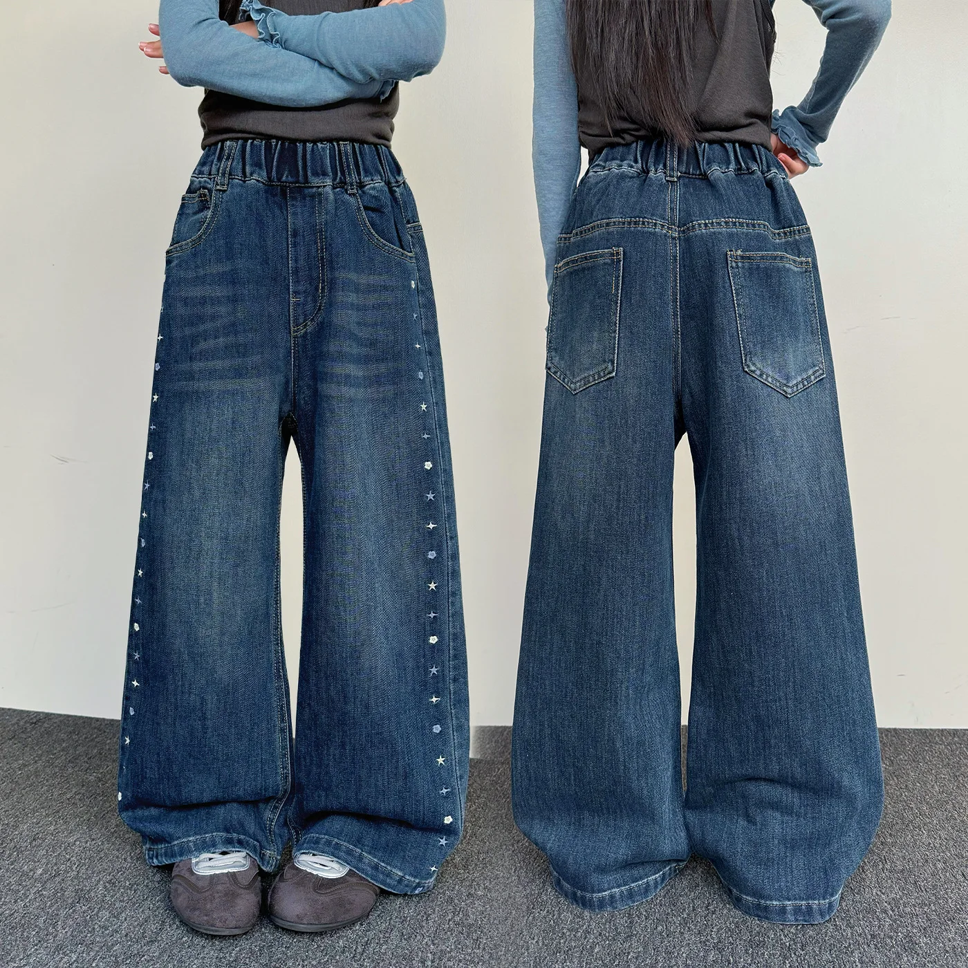 Child High Street Straight Fit Jeans with Side Embroidery Girls Elegant Casual Denim Pants Kids Spring Autumn Wide Leg Trousers