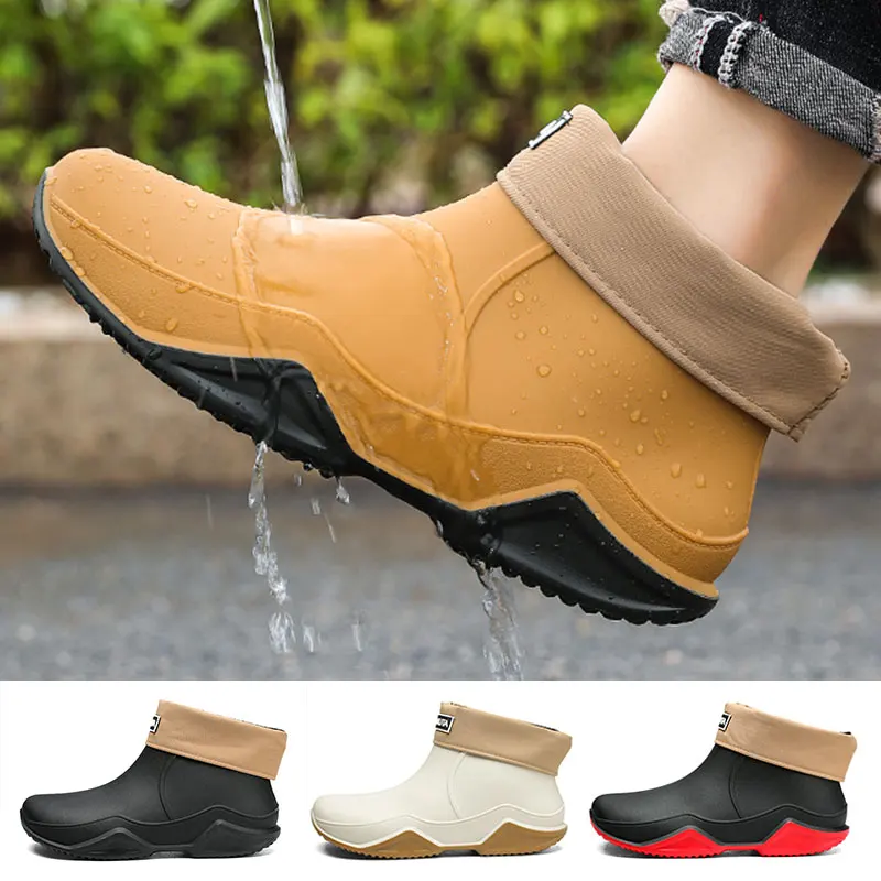 

Men's Rain Shoes Waterproof Upper Oil Proof Outdoor Water Shoes Plush Lining Slip on Low Top Men's Boots Ankle Boot EU 39-44