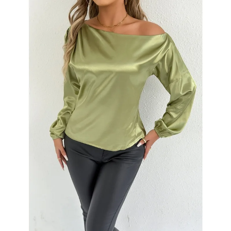 

Women's Satin Long-Sleeve Blouse with Off-Shoulder Design Shirts