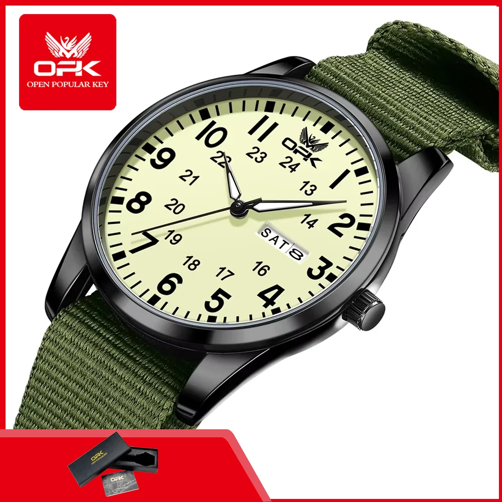 OPK 6090 Quartz Watches for Man Fashion Casual Nylon Webbing Watchband Dual Calendar Waterproof Luminous Men's Sports Watches