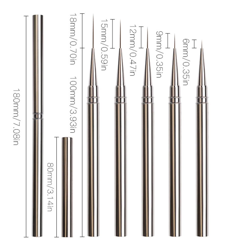 Silver Nail Liner Brush 6/9/12/15/18mm Thin Nail Art Brush for Manicure Design Pen Detail Acrylic Line Detail Drawing Painting