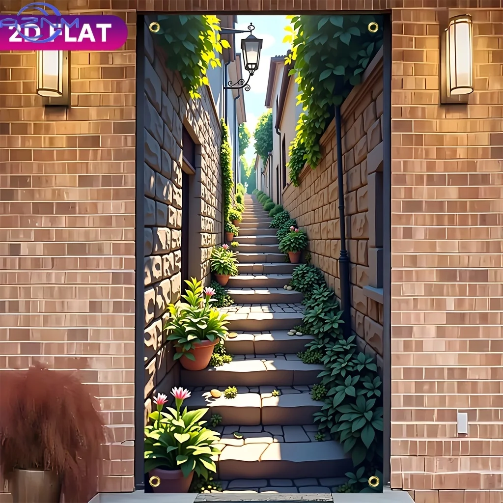 2D Flat 1pc, A Set of Stairs Leading Up to a Building with 1, Polyester Fiber 35* 71In Indoor And Outdoor Art Decoration Door