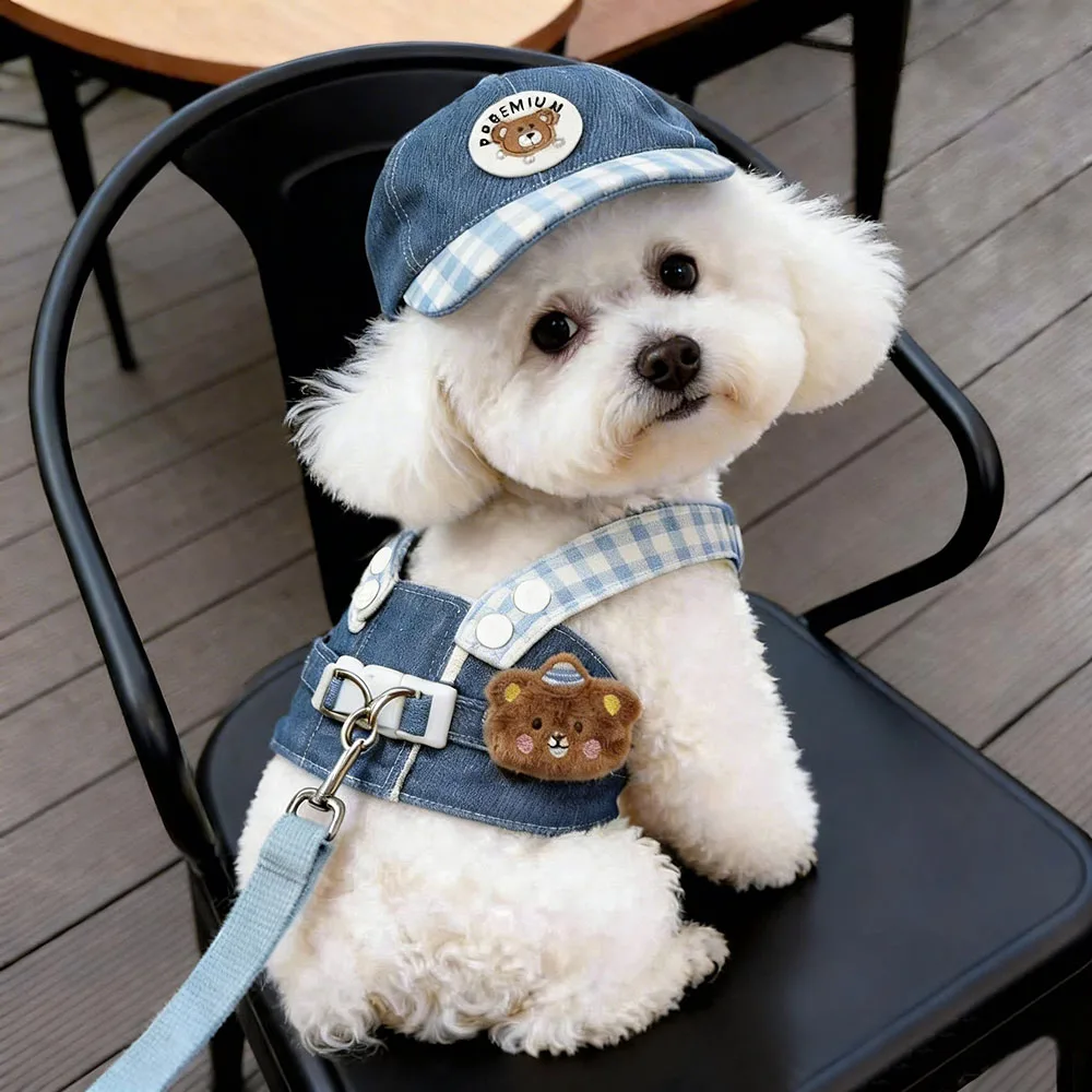 

Denim Pet Leash Harness Set, Adjustable German-style Walking Chest Strap, Summer Outdoor Clothes for Cats, Universal for Dogs an
