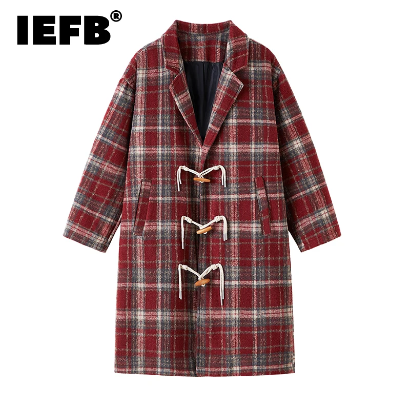 IEFB Woolen Men's Brushed Coat Turn-down Collar Single-breasted Lattice Long Sleeve Male Windbreaker 2024 Autumn Winter 9C8848