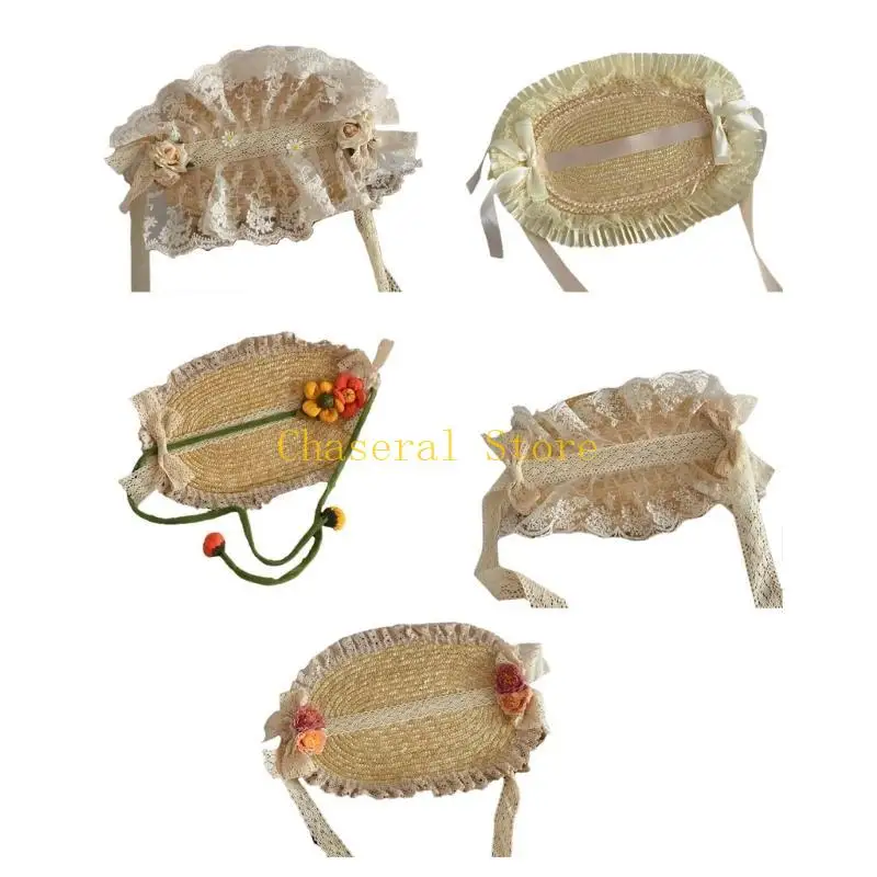 

E7CE Baby Girl French Straw Hat Christening Lace Hat 3-7Y Girl Spring Headwear