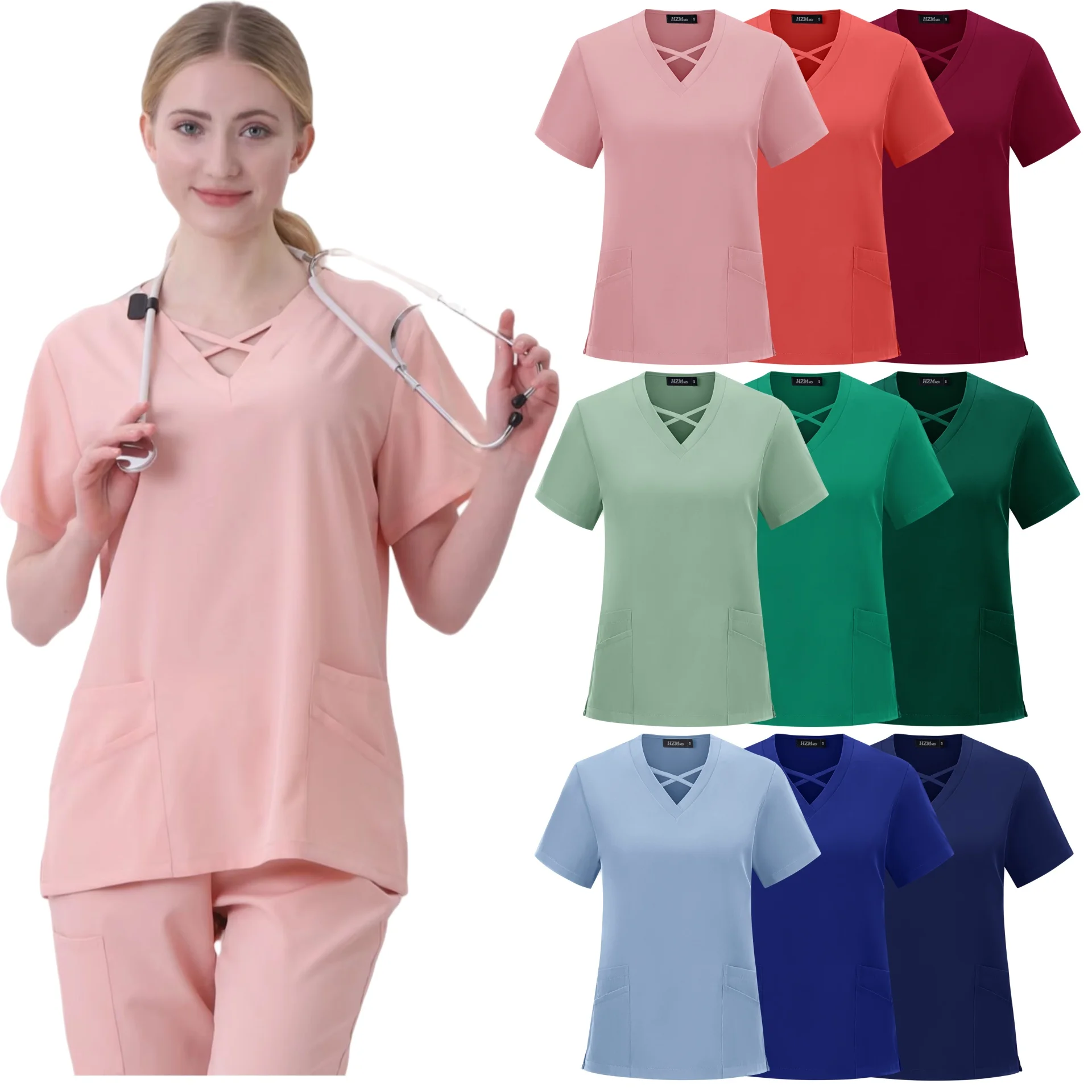 

Solid Color Scrub Tops Pet Hospital Uniform Top Surgical Gown Pocket V-neck Scrub Top for Women Joggers Nurse Uniforms Women