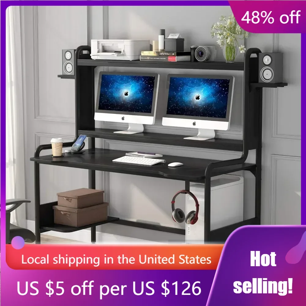 

55 Inch Gaming Desk with Monitor Stand and Hutch and Storage Shelves, Large PC Gamer Desk with Headphone Hook, Black