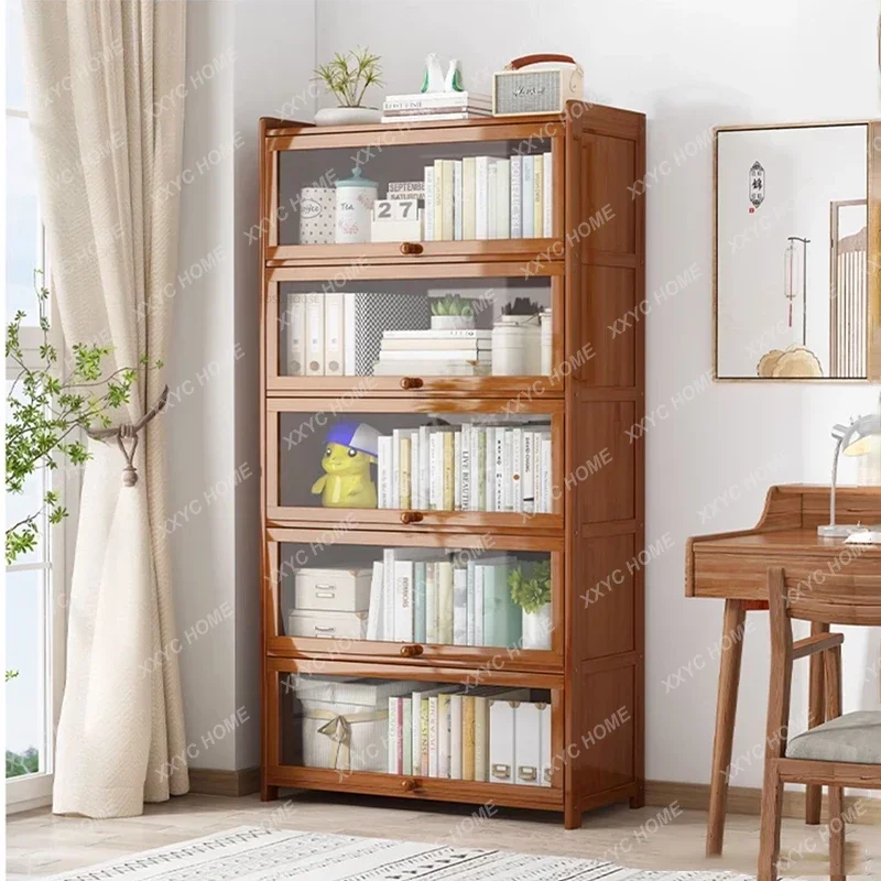 

Modern Bamboo Bookcases Simple Retro Bookshelf with Door Japanese Home Furniture Office Desk Organizer Multi-layer Storage Shelf