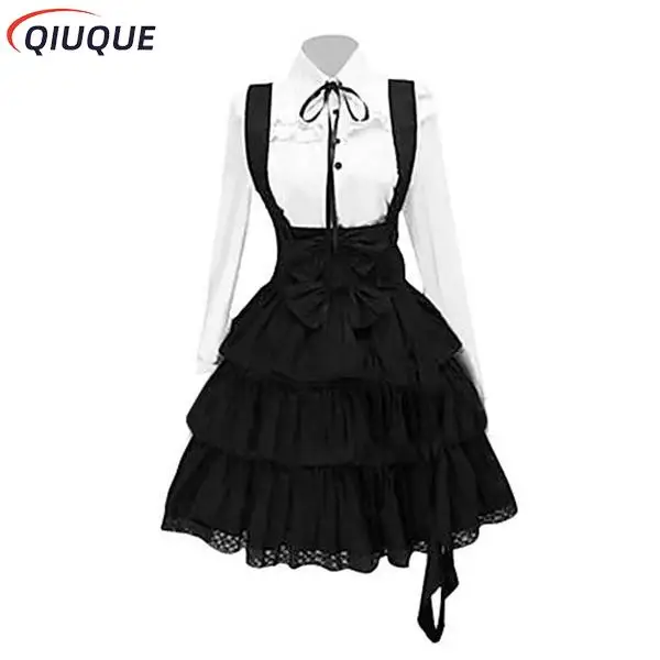 Femmes Classique Lolita Robe Vintage Femmes Tenues Cosplay Anime Inspirée Bol Manches sulfNoir Longueur Genou Chemise Robe S-5XL