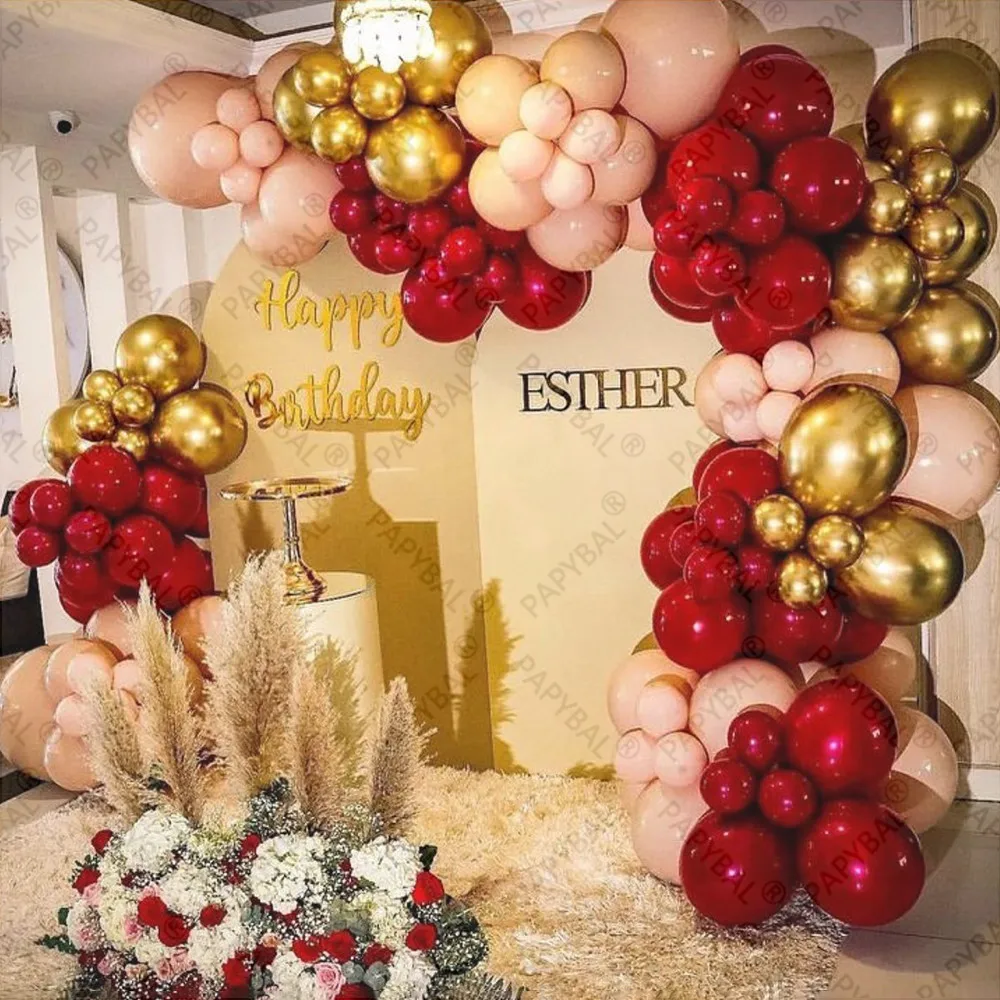 

94PCS Burgundy Peach Red Arch Garland Kit Gold Chrome Metal Latex Balloons Wedding & Engagement Valentine Day Decoration Supply