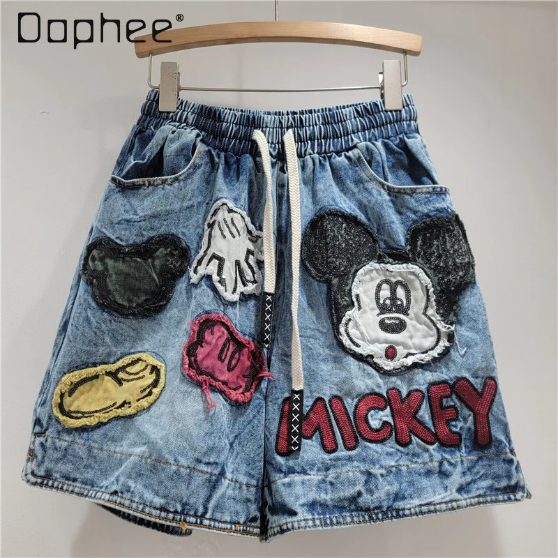 

European Jeans Hot Pants 2025 Summer New Washed Cotton Elastic Waist Denim Wide Leg Shorts Sticker Versatile Casual Shorts