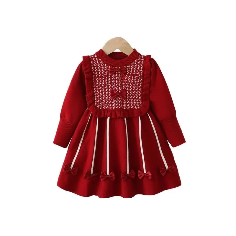 Girls\' Dress Winter New Style Western Dress Children\'s Autumn and Winter Princess Dress Baby New Year Red Knitted Dress