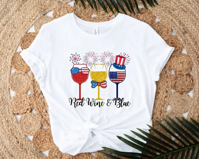 

4th Of July Shirt Wine Blue Patriotic Independence Day Gift For Women, American Flag 100% cctton Fashion Streetwear Harajuku y2k