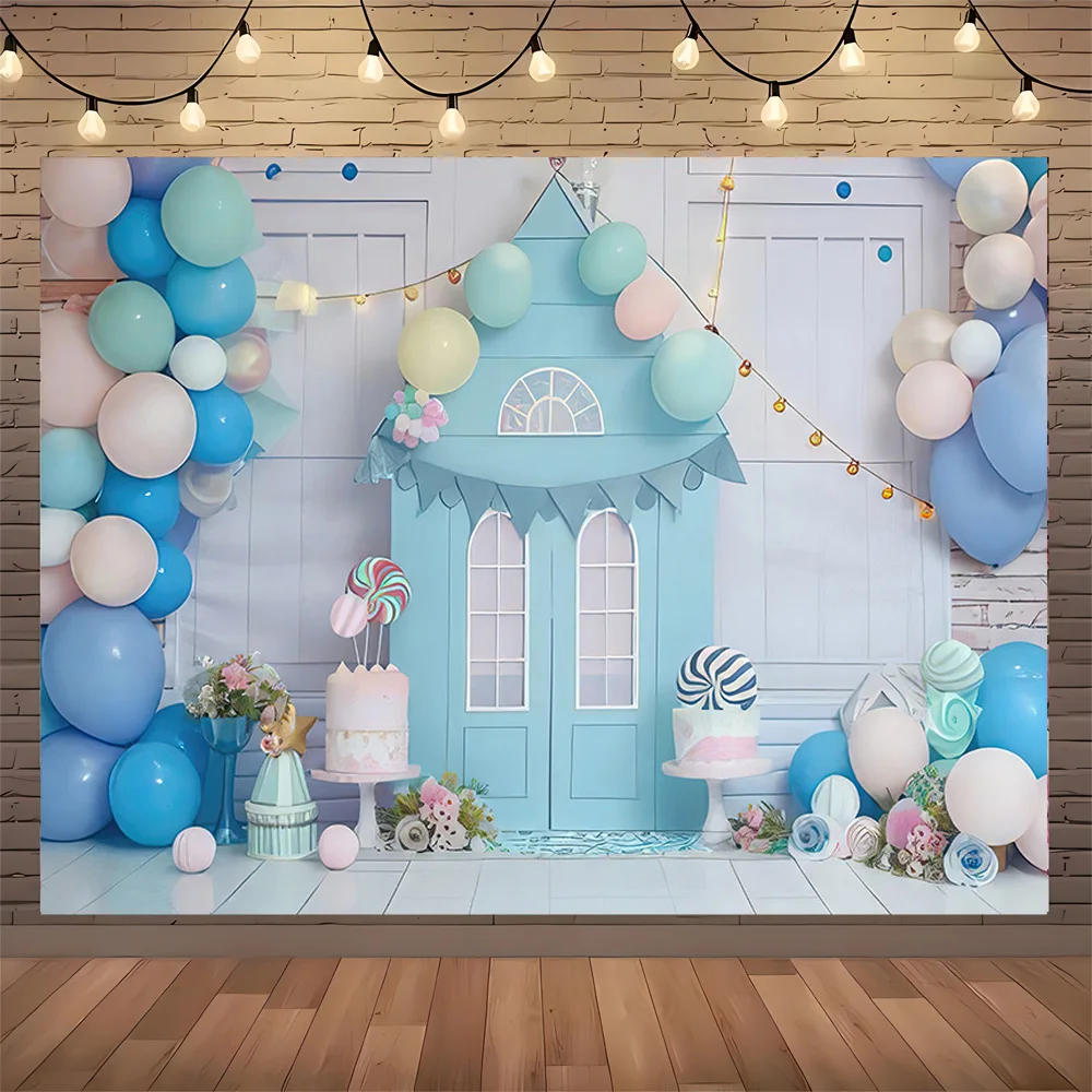 خلفية صورة لحديثي الولادة ، حفلة عيد ميلاد ، دمية دب ، لون قوس قزح ، بالونات ديكور قوس ، خلفية استوديو صور ،