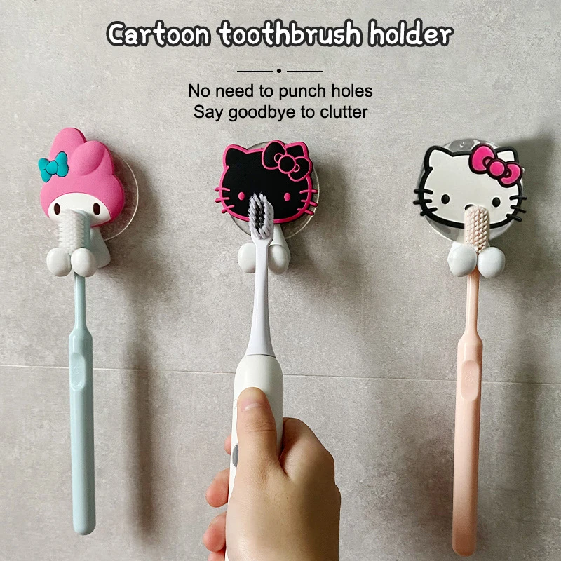 Sanrio Anime Hello Kitty My Melody Kuromi Toothbrush Holder Figure Wall Mounted Shelf Kitchen Bathroom Kids Toys