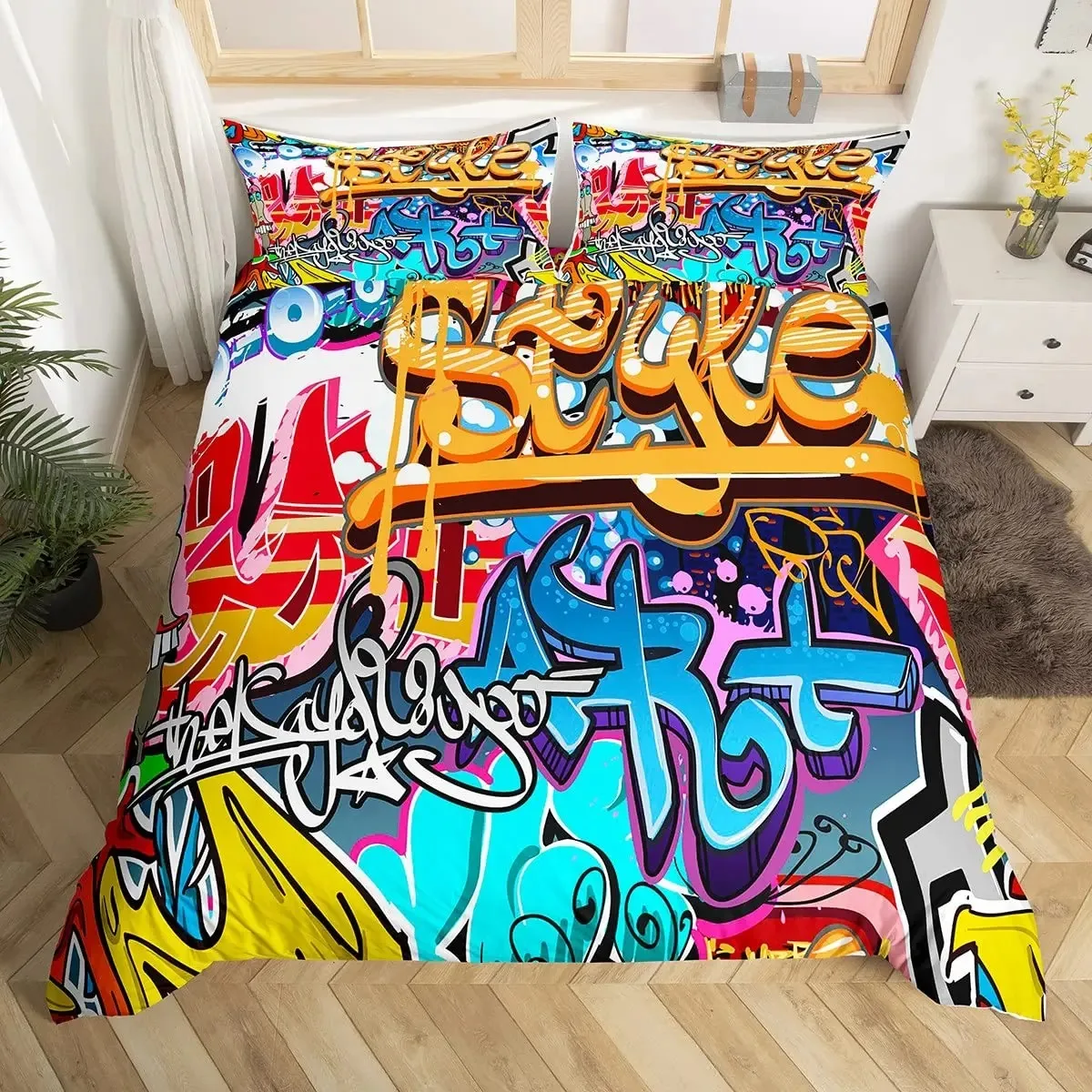 

Hip Hop 90s Graffiti Full Size Duvet Cover,Vintage Roller Skating Bedding Set for Kids Teens,Hippie Music Headset Quilt Cover