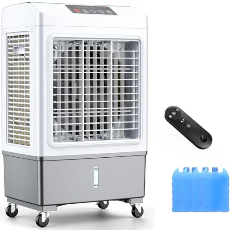 

Garage bedroom outdoor portable air cooler: evaporative swamp cooler with ice box, 8-gal tank, 7H timer, hoseless ventless desi
