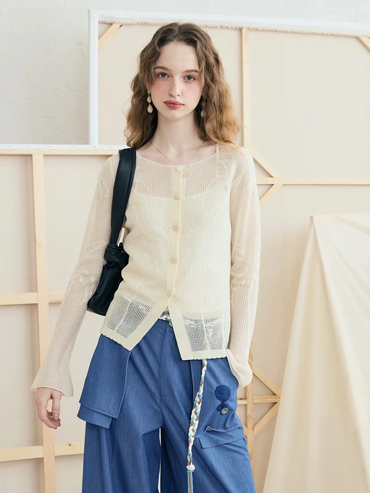 

Two Tee Things Summer New Fre Sle Knitted Open Cardigan Women's See-tough Hook Needle Embroidery Lightweight Long Sve