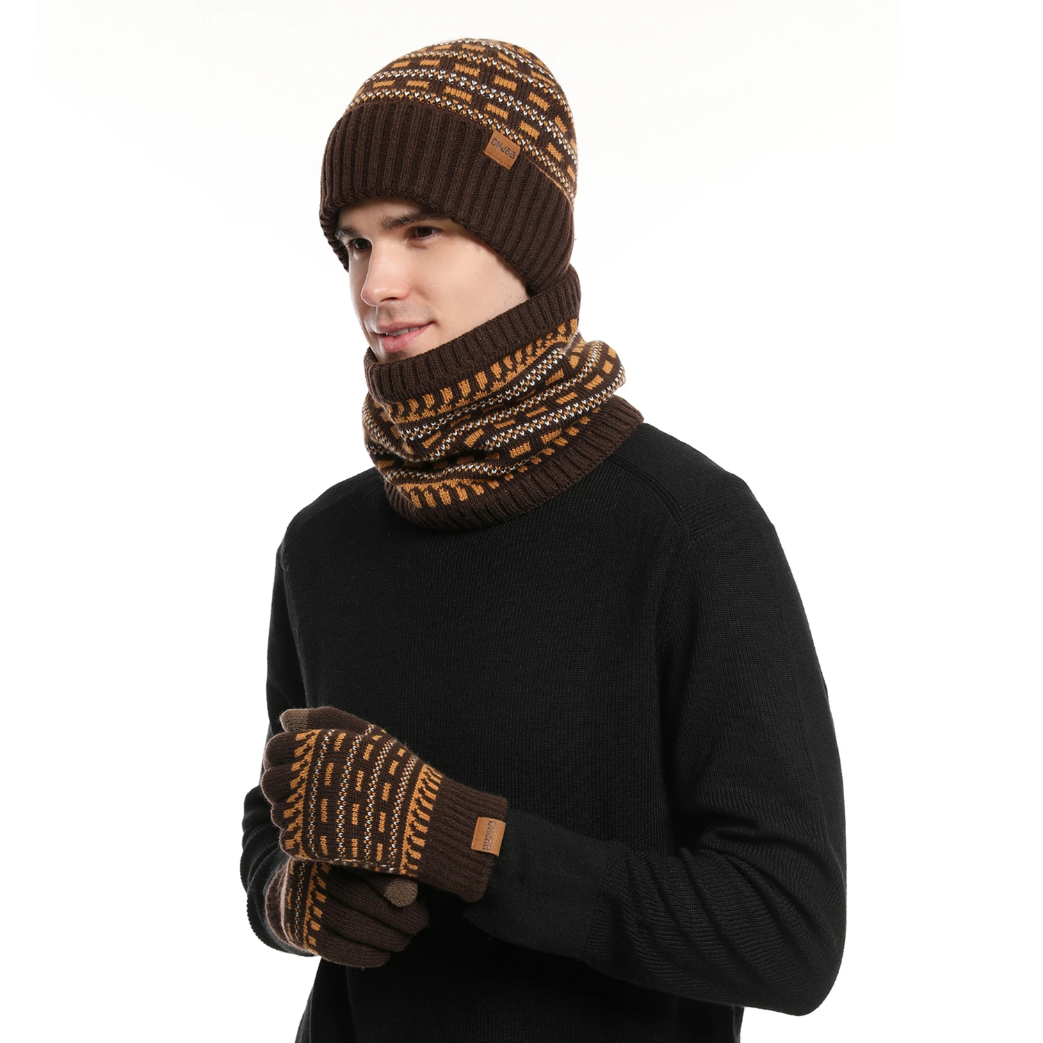 Men\'s Winter Keep Warm Set Unisex Beanie Telefingers Gloves Fleece Lining Scarf Male Woolen Yarn Knitted Muffler Neck Gaiter Hat