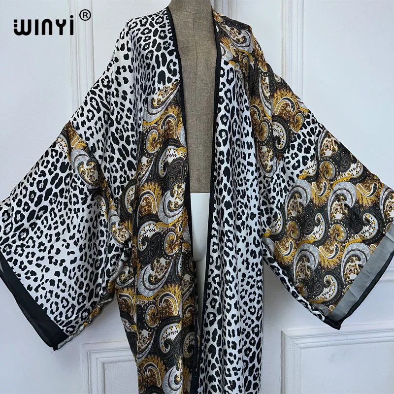 WINYI new Leopard print Kimonos loose dresses for woman Africa boho Cardigan beach outfits cover up long down coat party dress